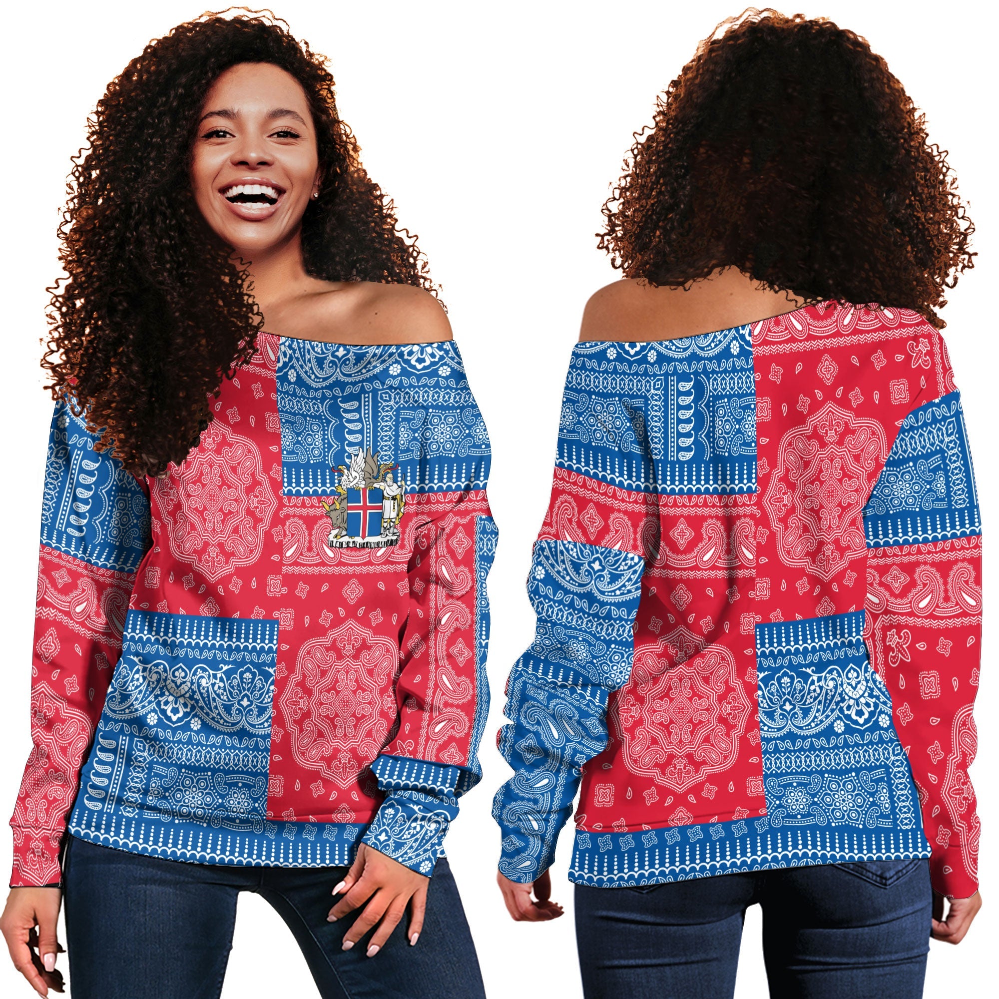 Iceland Women Off Shoulder Sweatshirt Flag And Paisley Basic Style 1