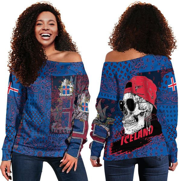 Iceland Women Off Shoulder Sweatshirt Paisley Flag And Skull Style 1