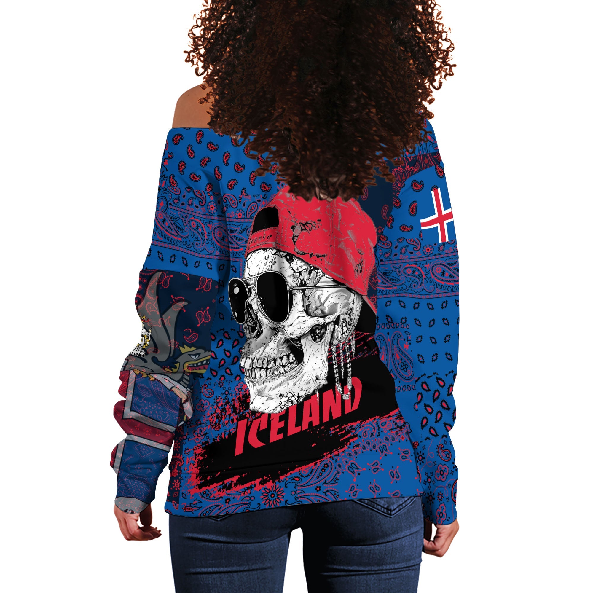 Iceland Women Off Shoulder Sweatshirt Paisley Flag And Skull Style 3