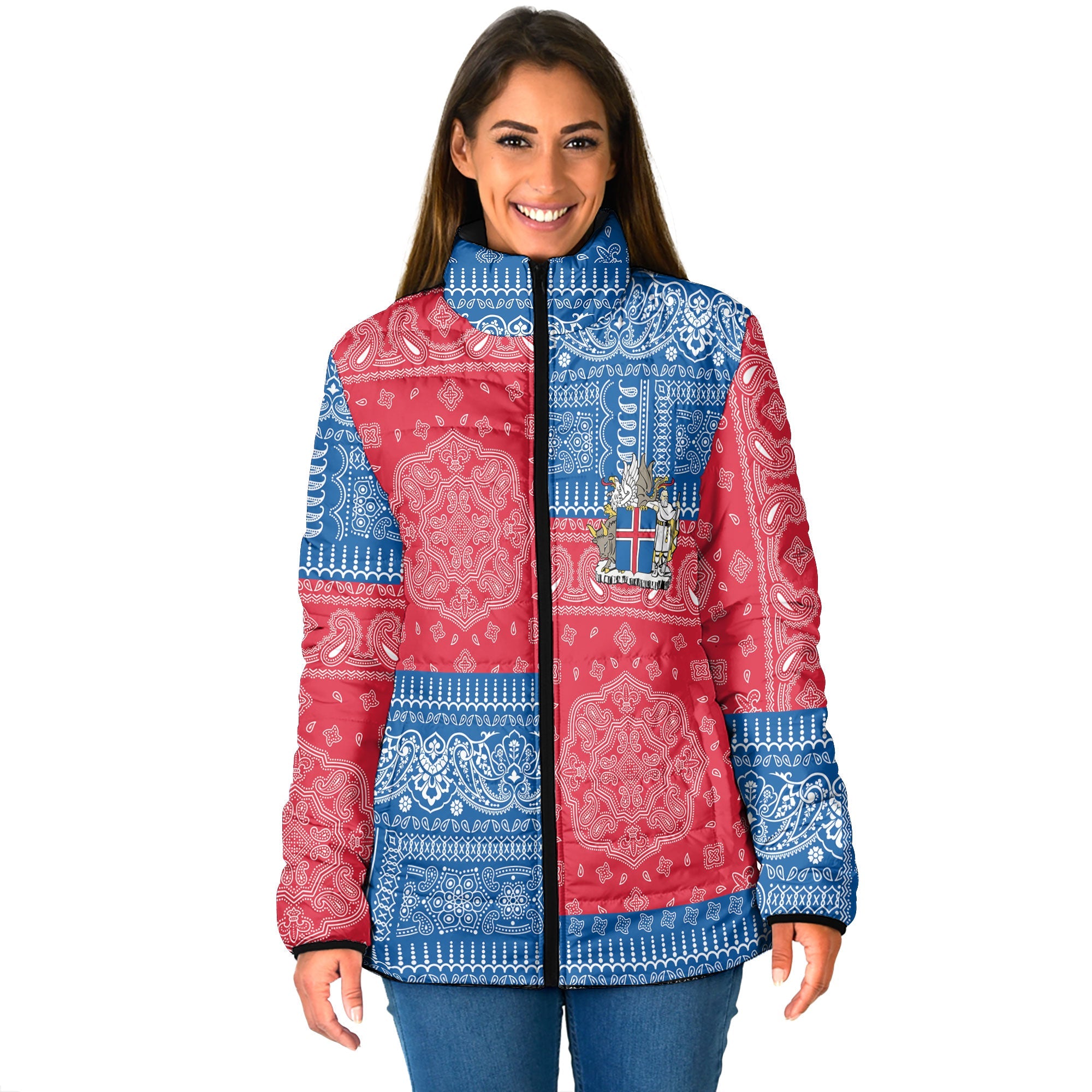 Iceland Women Padded Jacket Flag And Paisley Basic Style 1