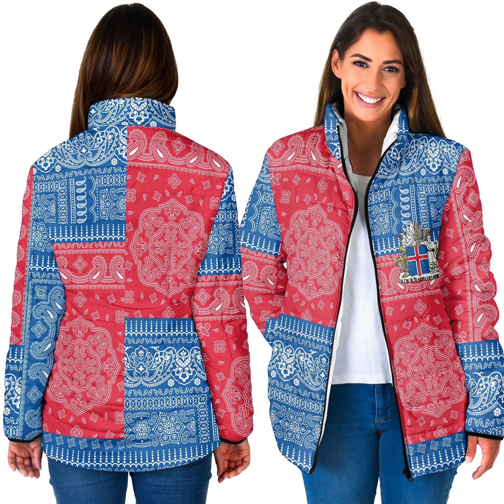 Iceland Women Padded Jacket Flag And Paisley Basic Style 3