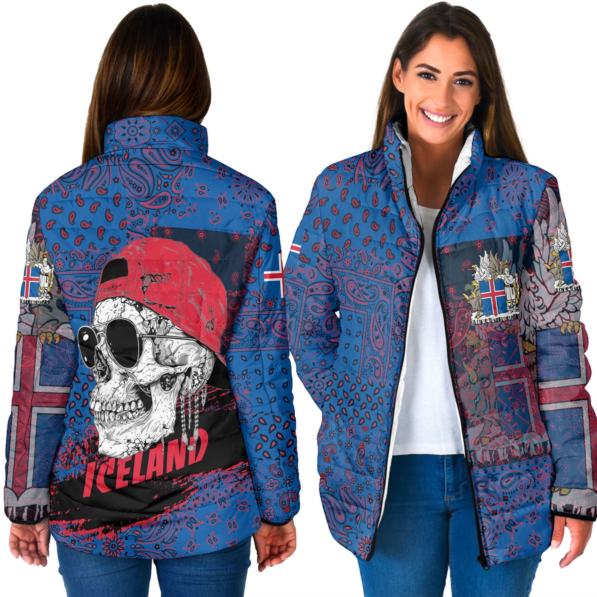 Iceland Women Padded Jacket Paisley Flag And Skull Style 3