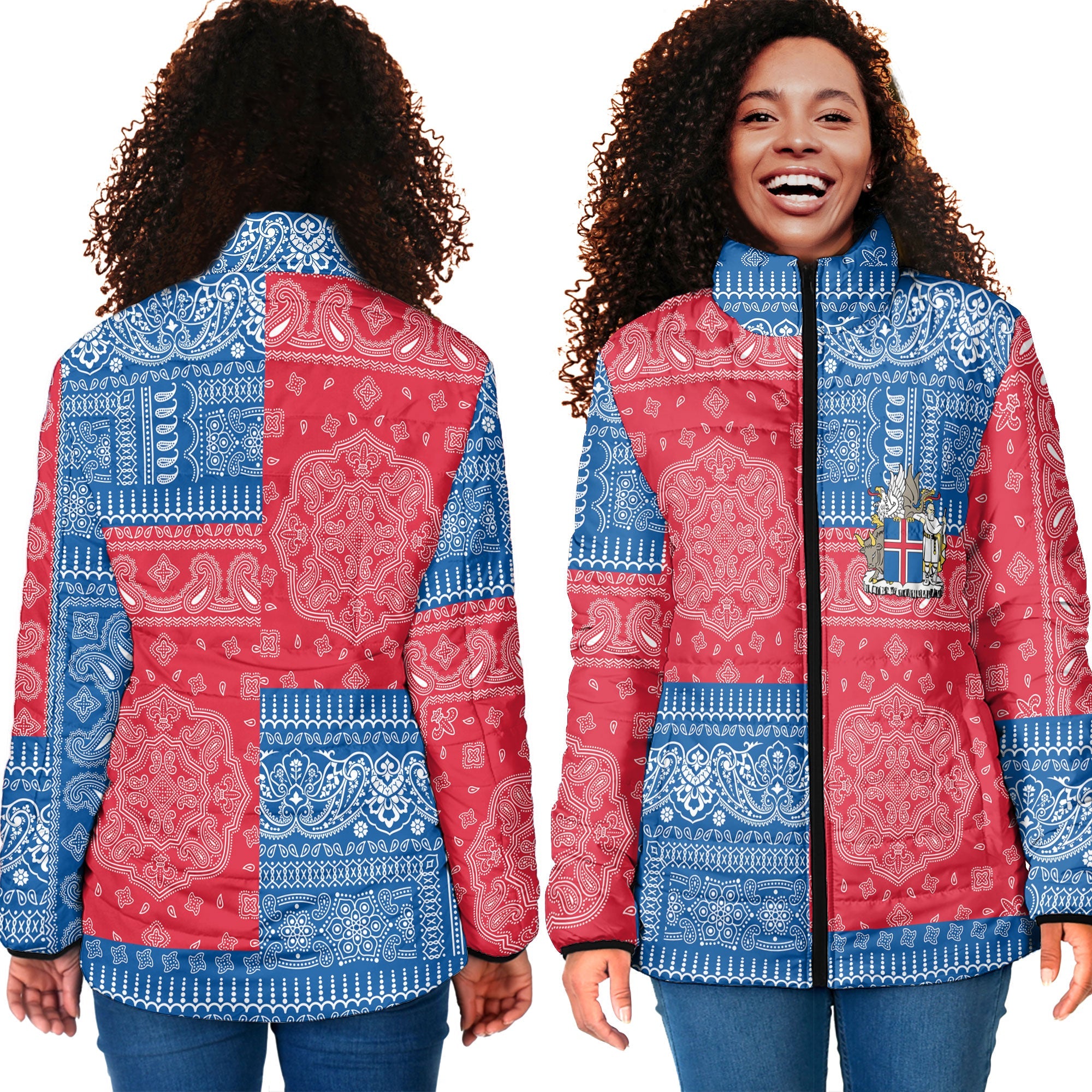 Iceland Women Padded Jacket Flag And Paisley Basic Style 4