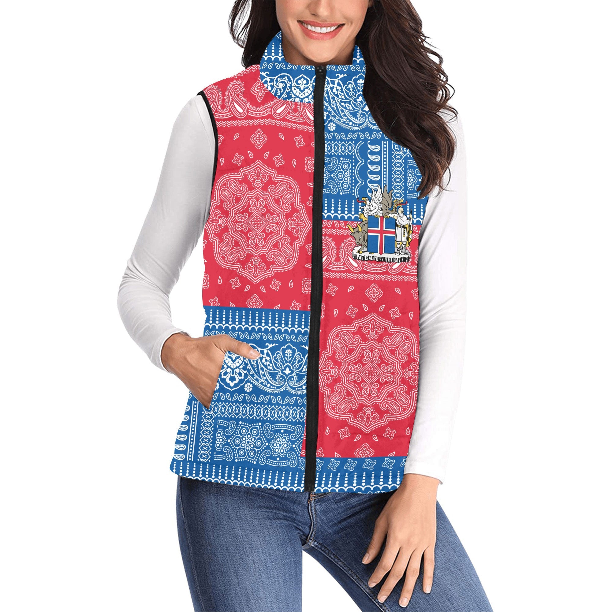 Iceland Women Padded Jacket Vest Flag And Paisley Basic Style 1