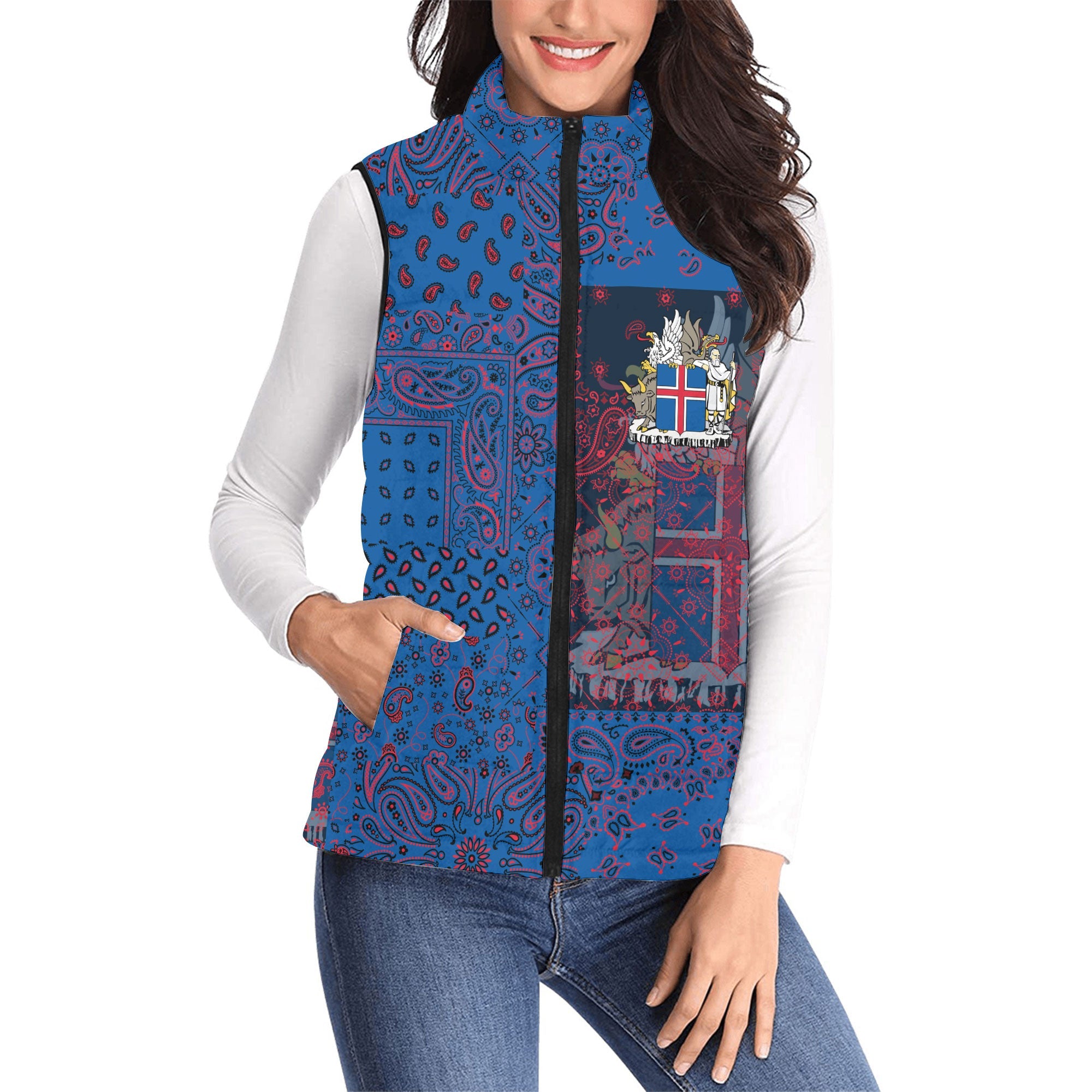 Iceland Women Padded Jacket Vest Paisley Flag And Skull Style 1