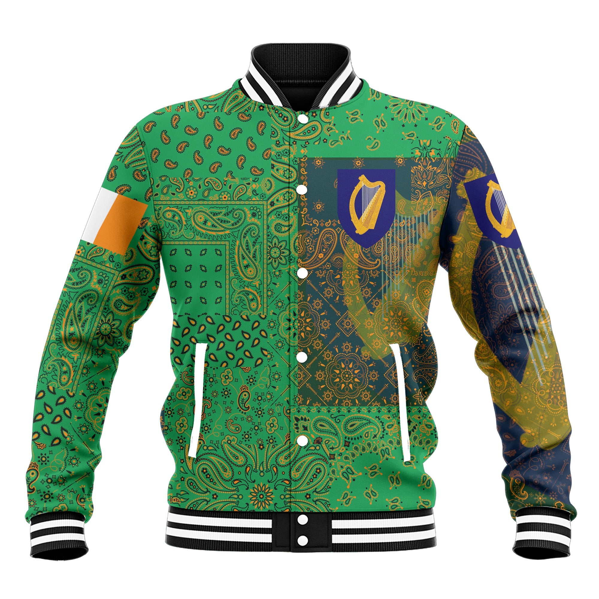 Ireland Baseball Jacket Paisley Flag And Skull Style 2