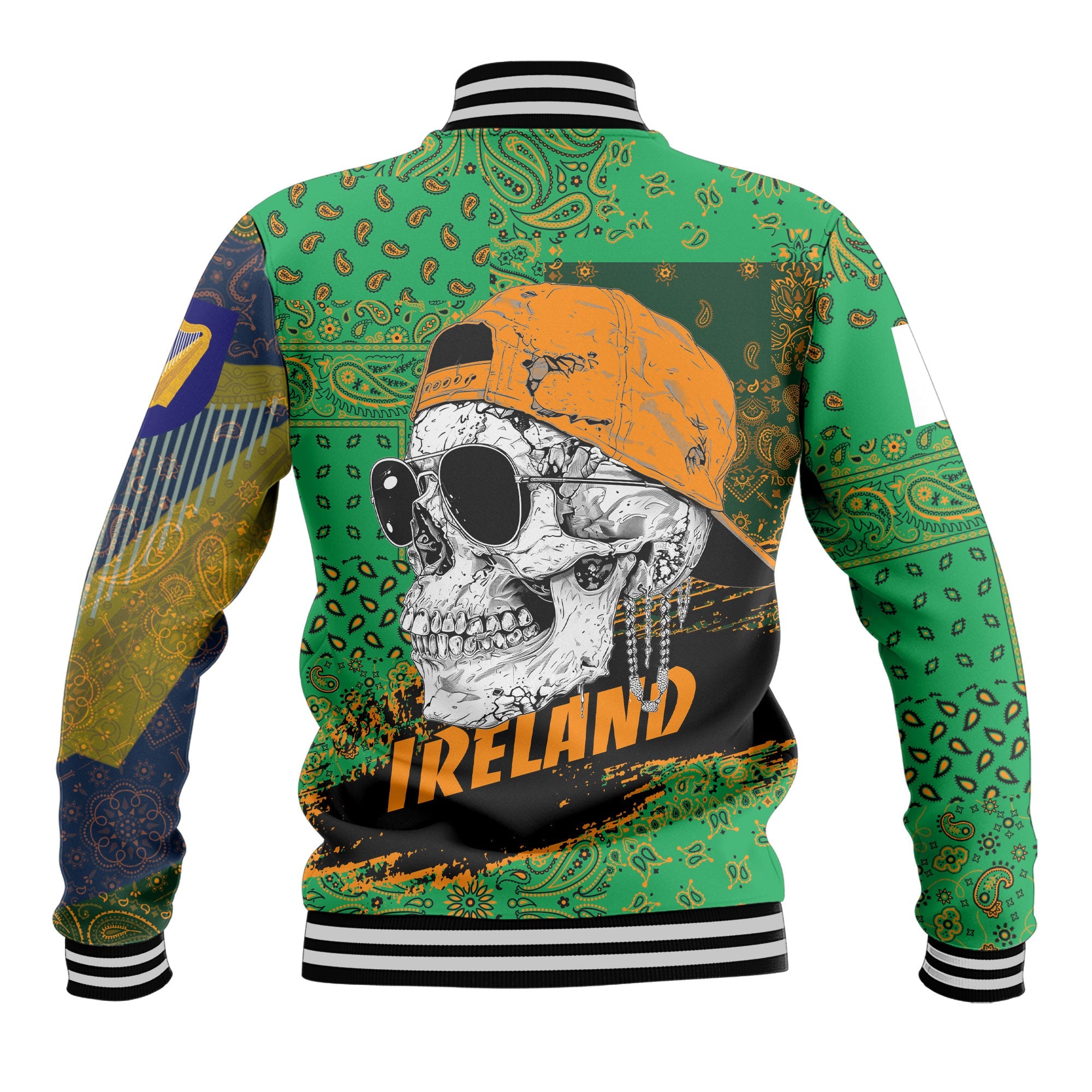 Ireland Baseball Jacket Paisley Flag And Skull Style 3