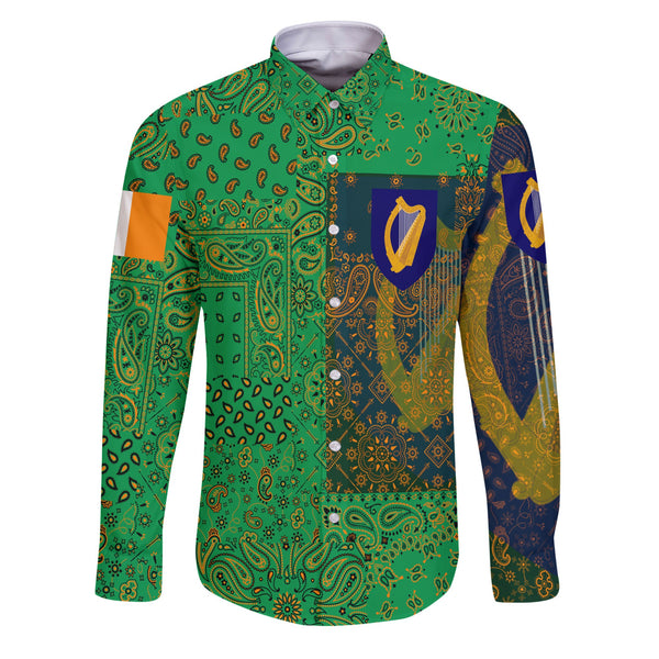 Ireland Long Sleeve Button Shirt Paisley Flag And Skull Style 1