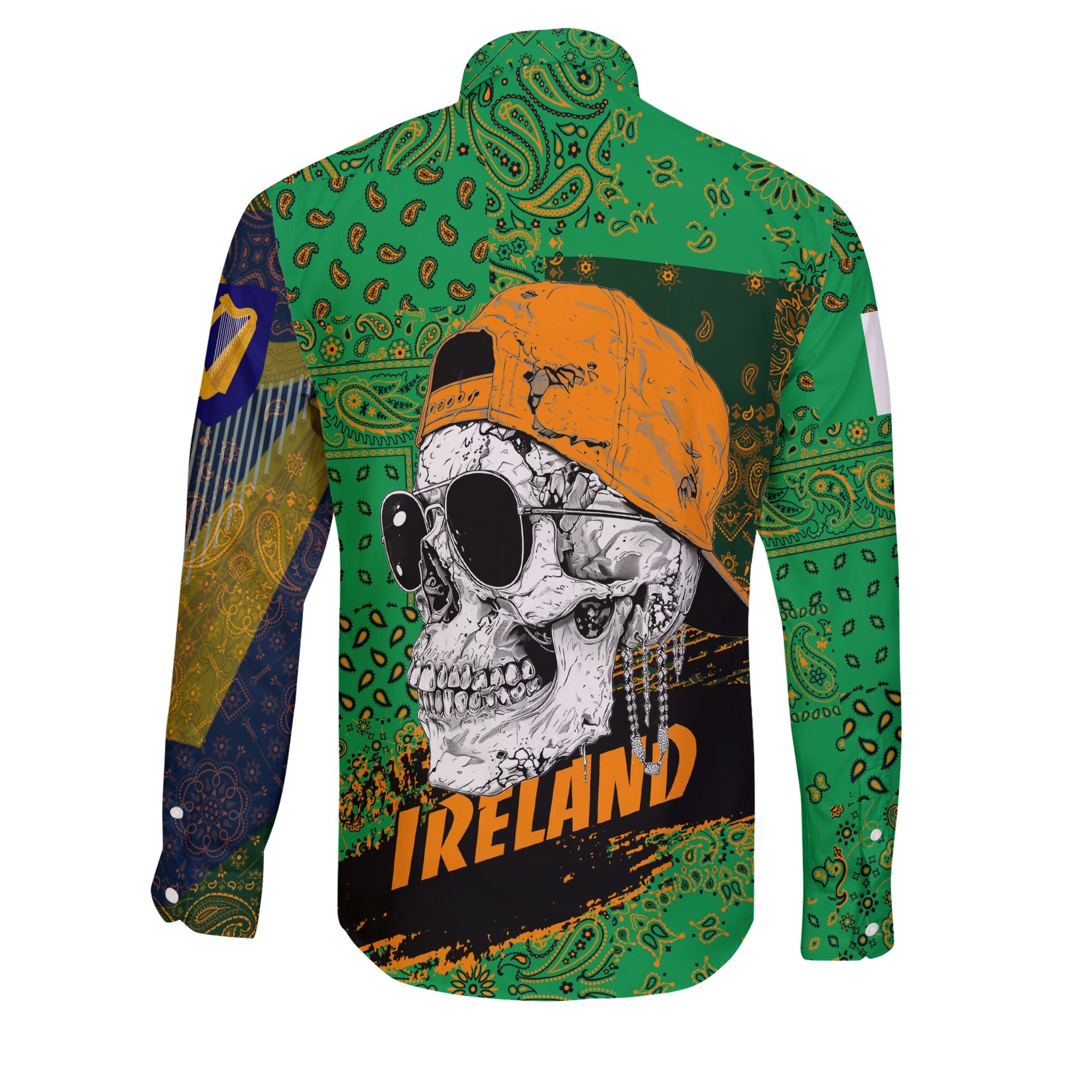 Ireland Long Sleeve Button Shirt Paisley Flag And Skull Style 2