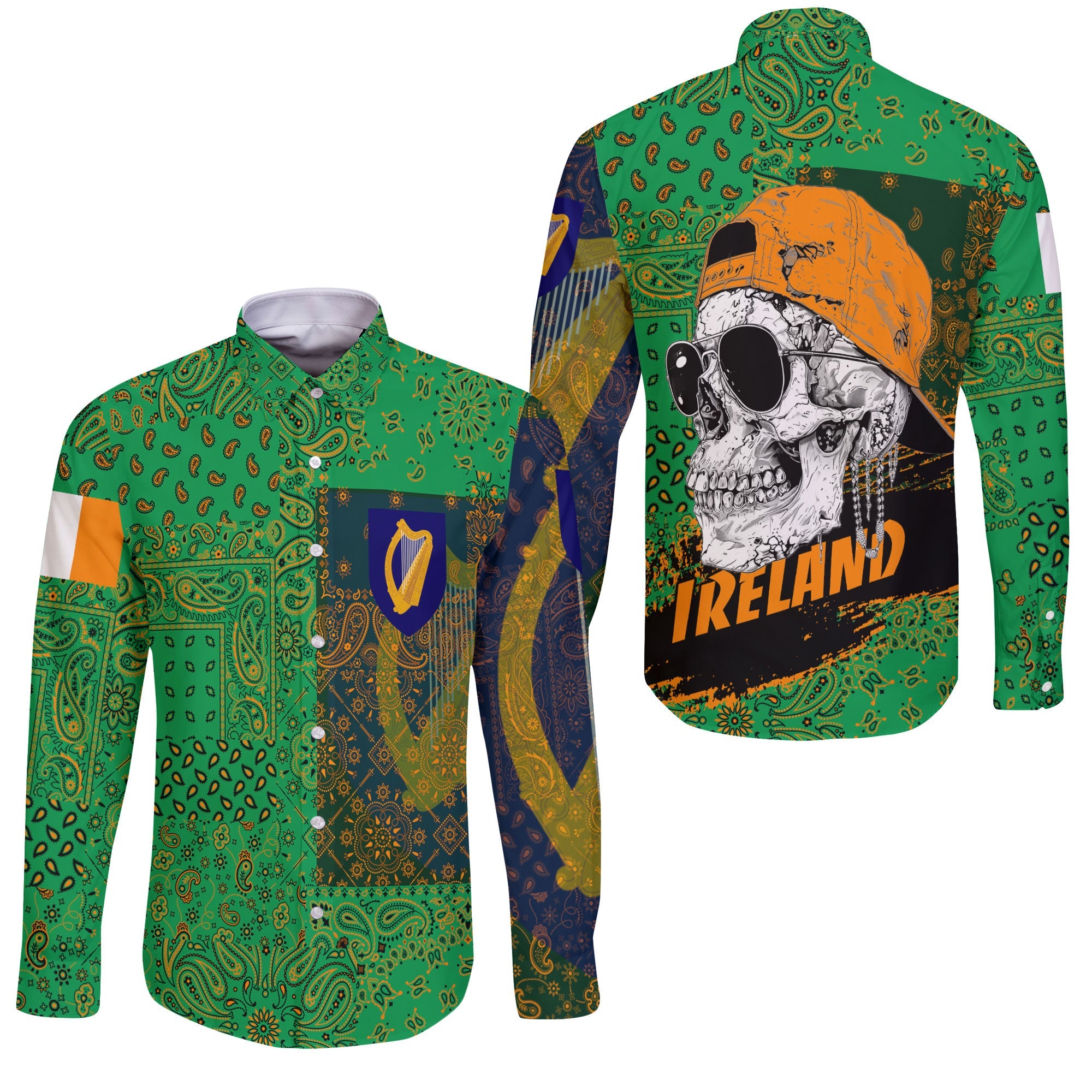 Ireland Long Sleeve Button Shirt Paisley Flag And Skull Style 3