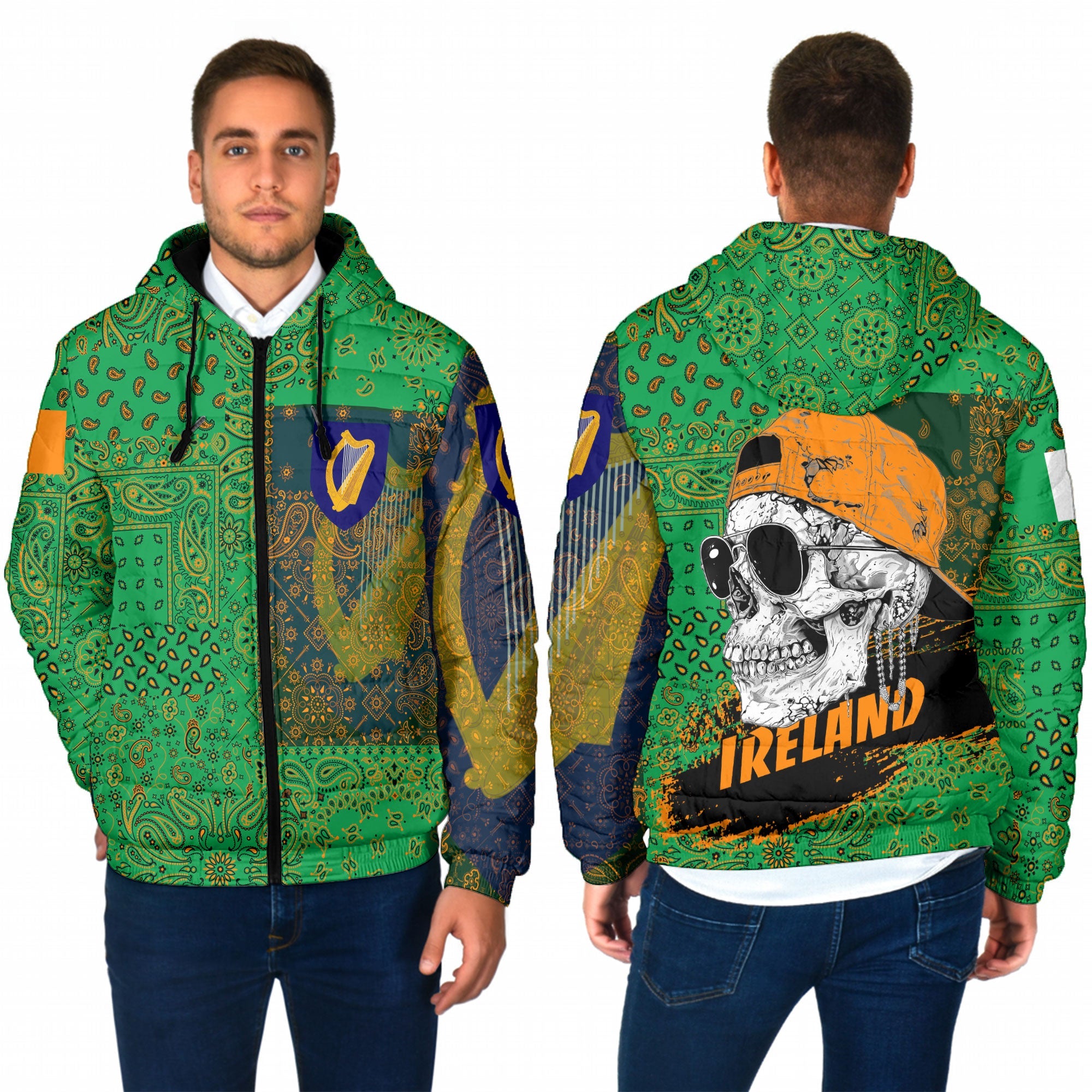 Ireland Men Hooded Padded Jacket Paisley Flag And Skull Style 1