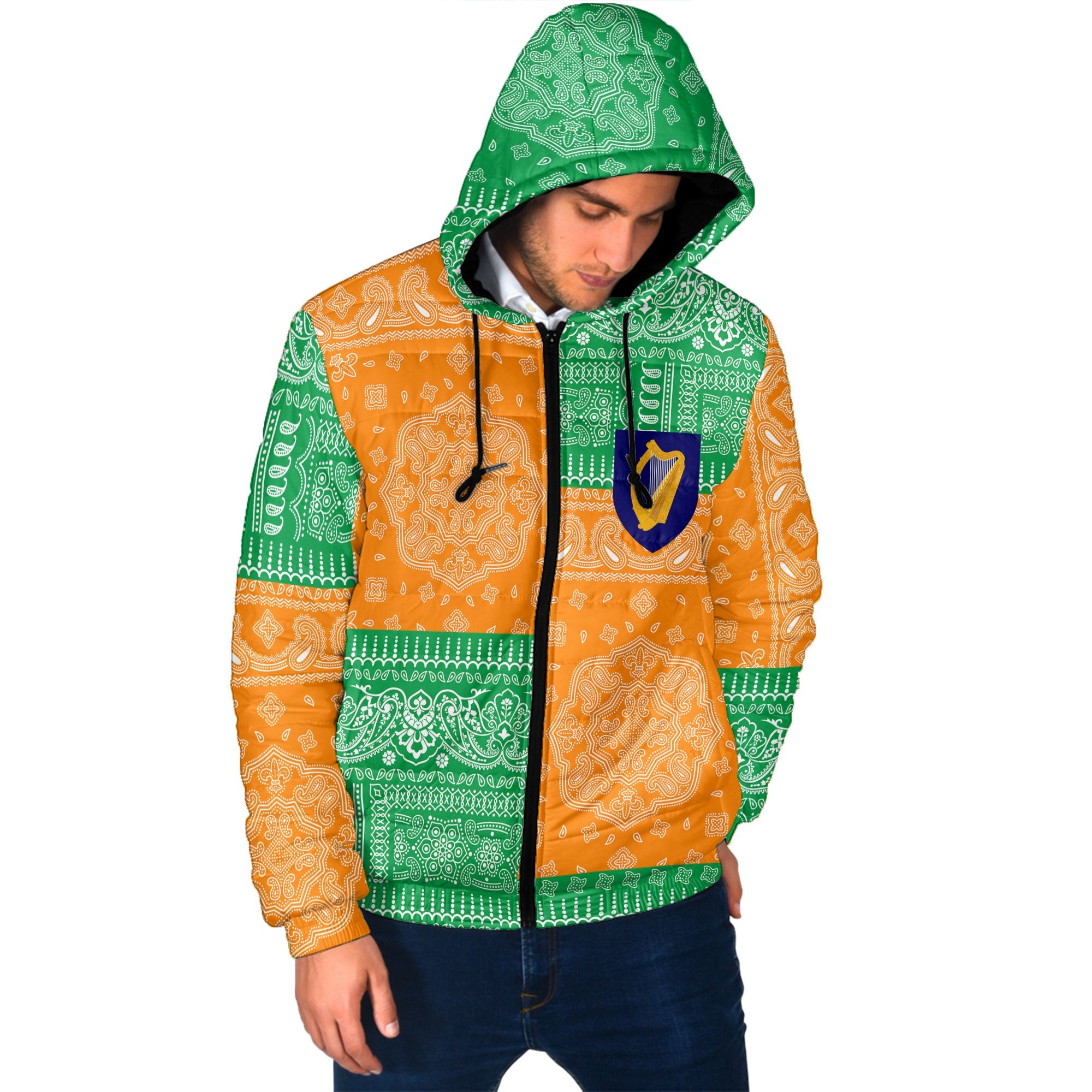 Ireland Men Hooded Padded Jacket Flag And Paisley Basic Style 2