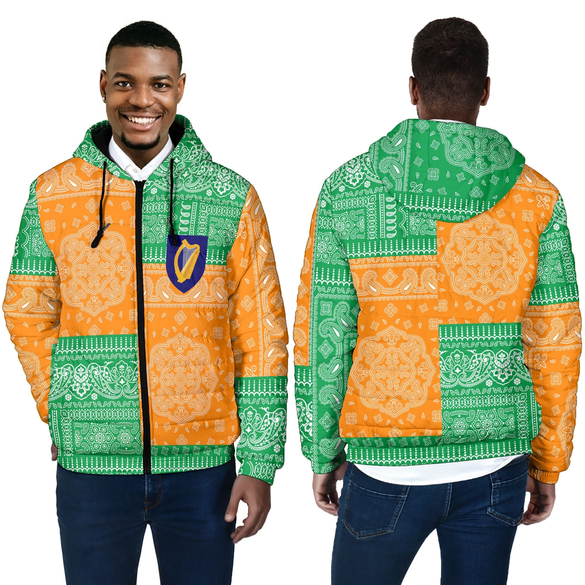 Ireland Men Hooded Padded Jacket Flag And Paisley Basic Style 4