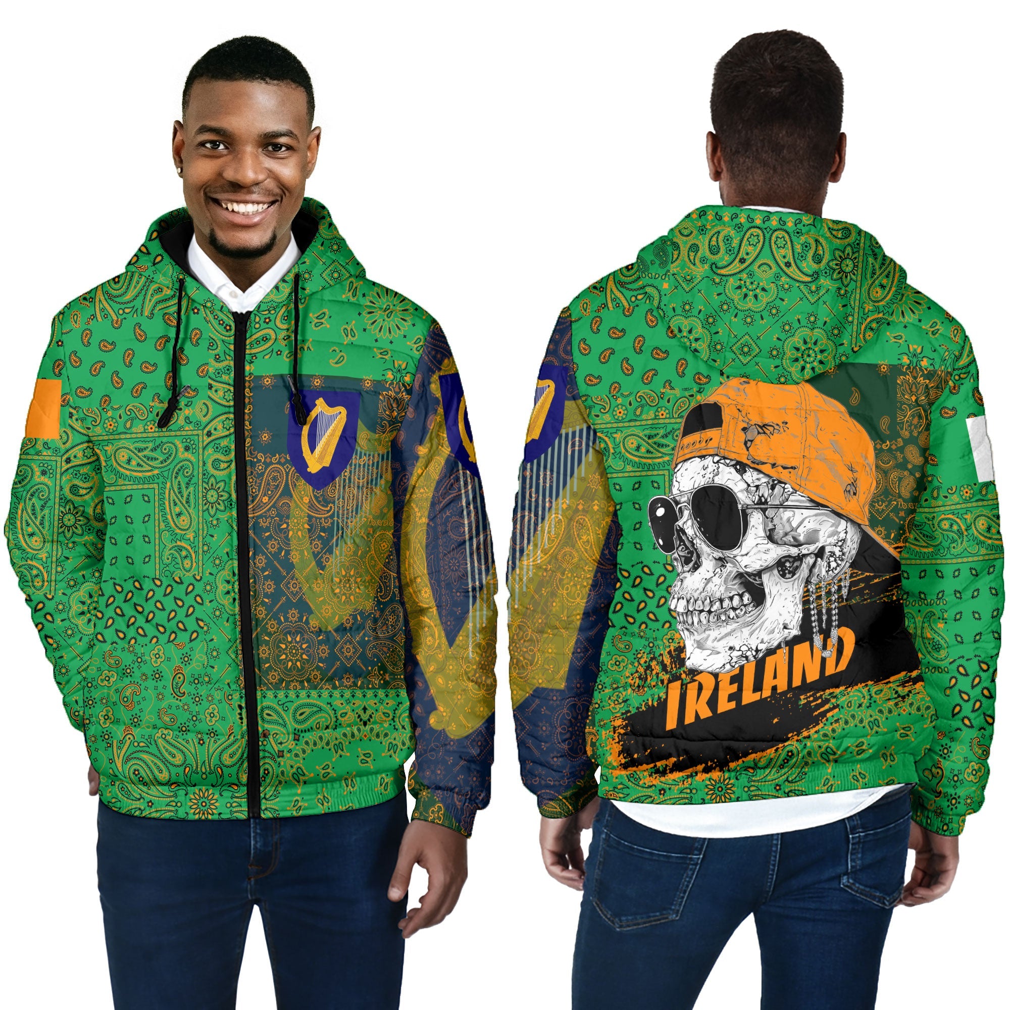 Ireland Men Hooded Padded Jacket Paisley Flag And Skull Style 4