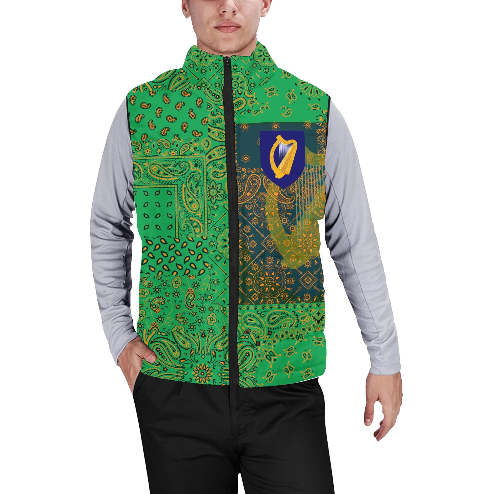 Ireland Men Padded Jacket Vest Paisley Flag And Skull Style 1