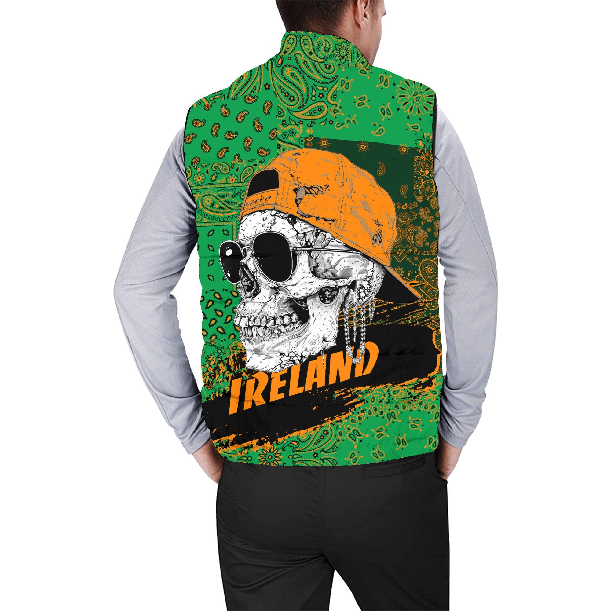 Ireland Men Padded Jacket Vest Paisley Flag And Skull Style 2