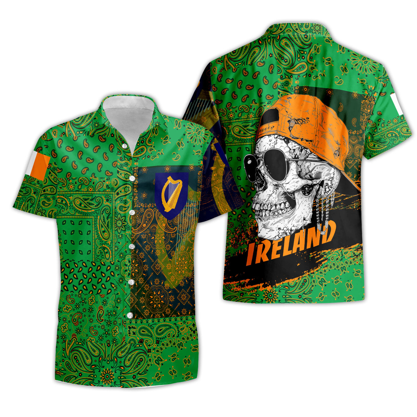 Ireland Short Sleeve Shirt Paisley Flag And Skull Style 3