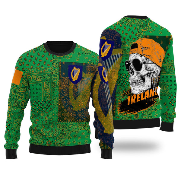 Ireland Ugly Sweater Paisley Flag And Skull Style 1