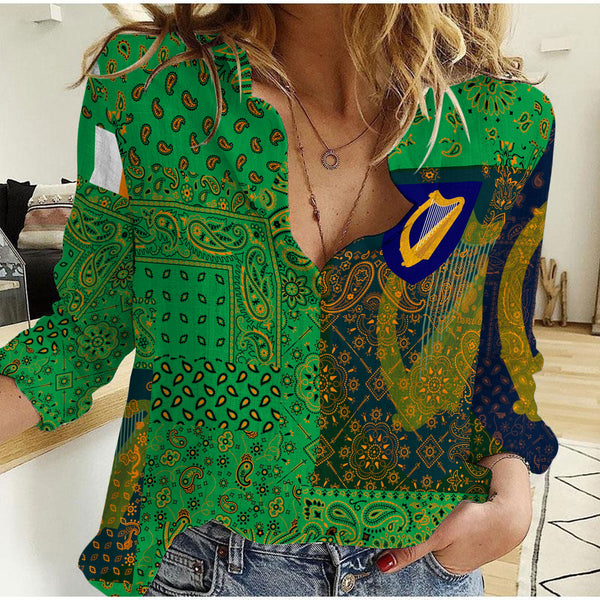 Ireland Women Casual Shirt Paisley Flag And Skull Style 1