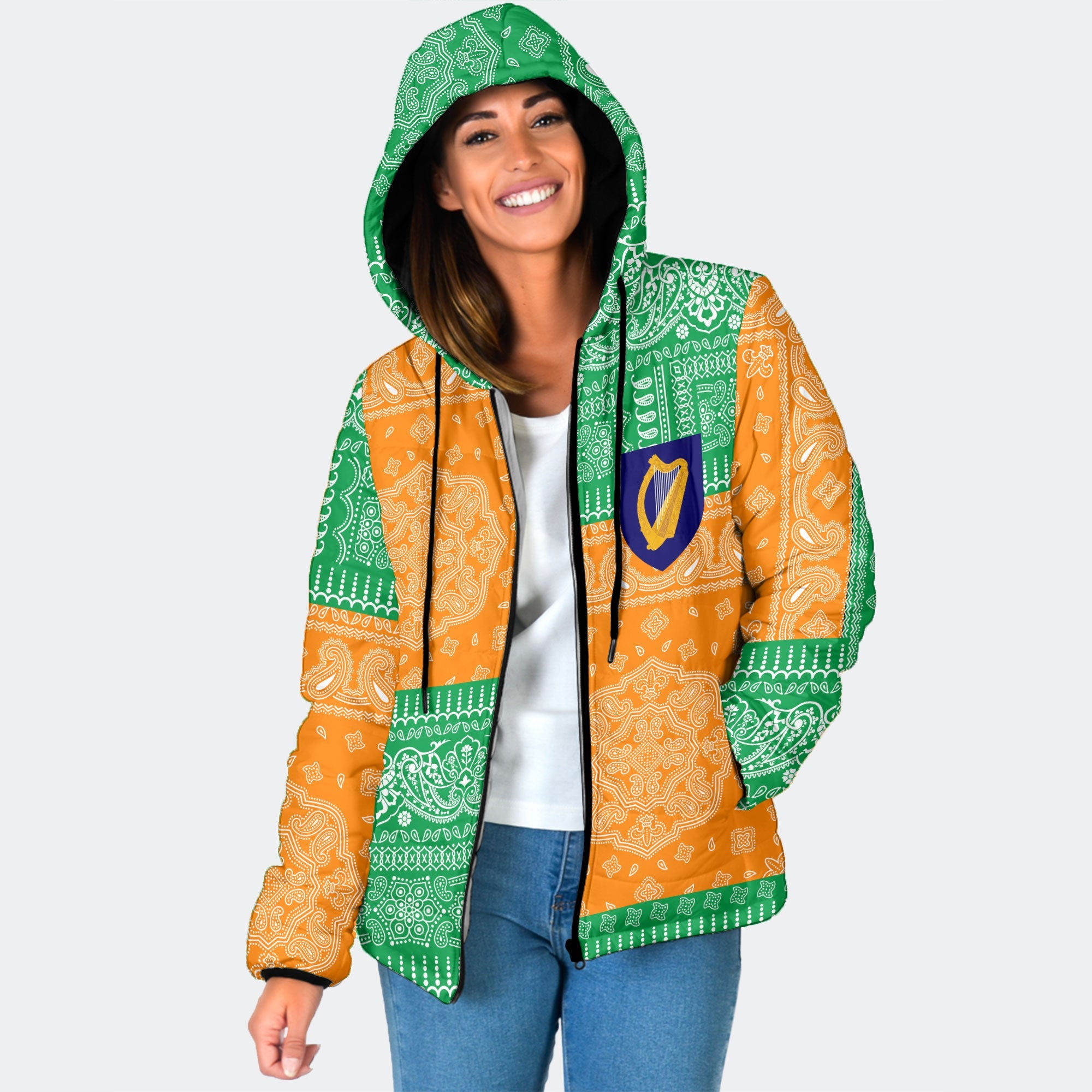 Ireland Women Hooded Padded Jacket Flag And Paisley Basic Style 1