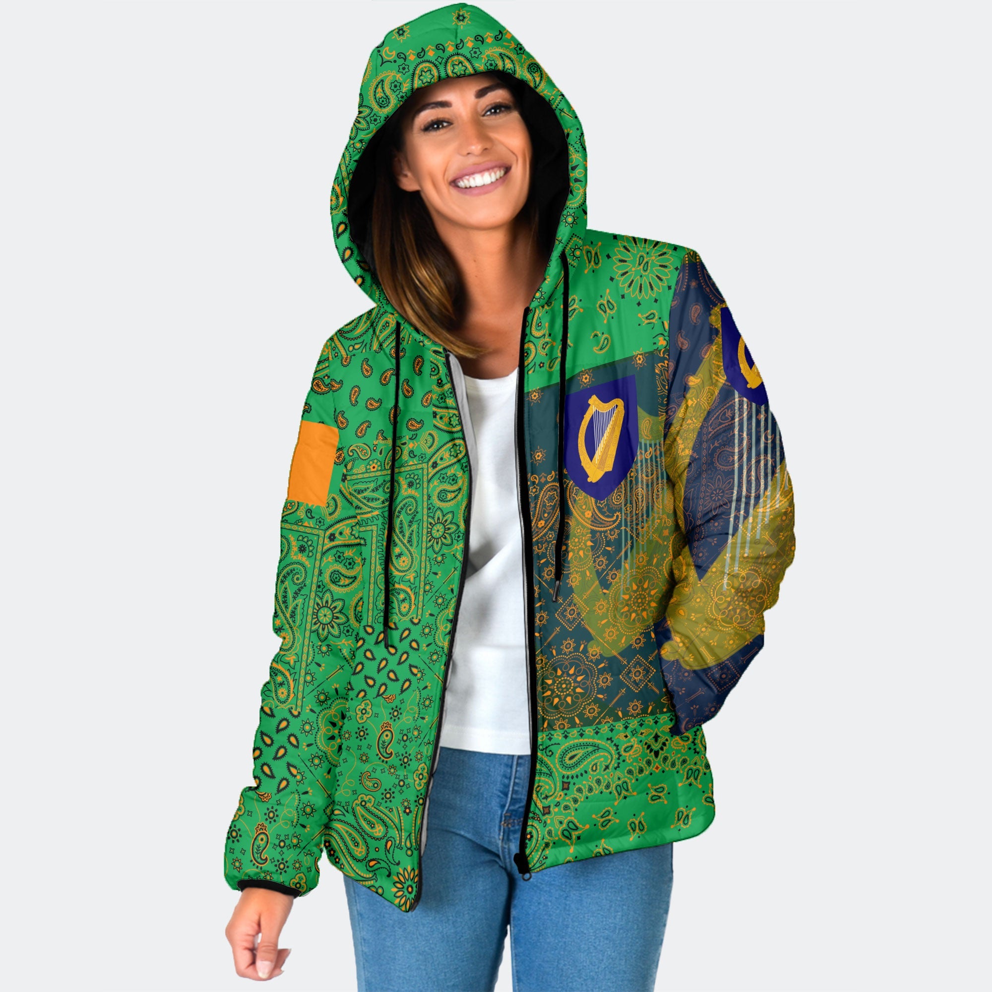 Ireland Women Hooded Padded Jacket Paisley Flag And Skull Style 1