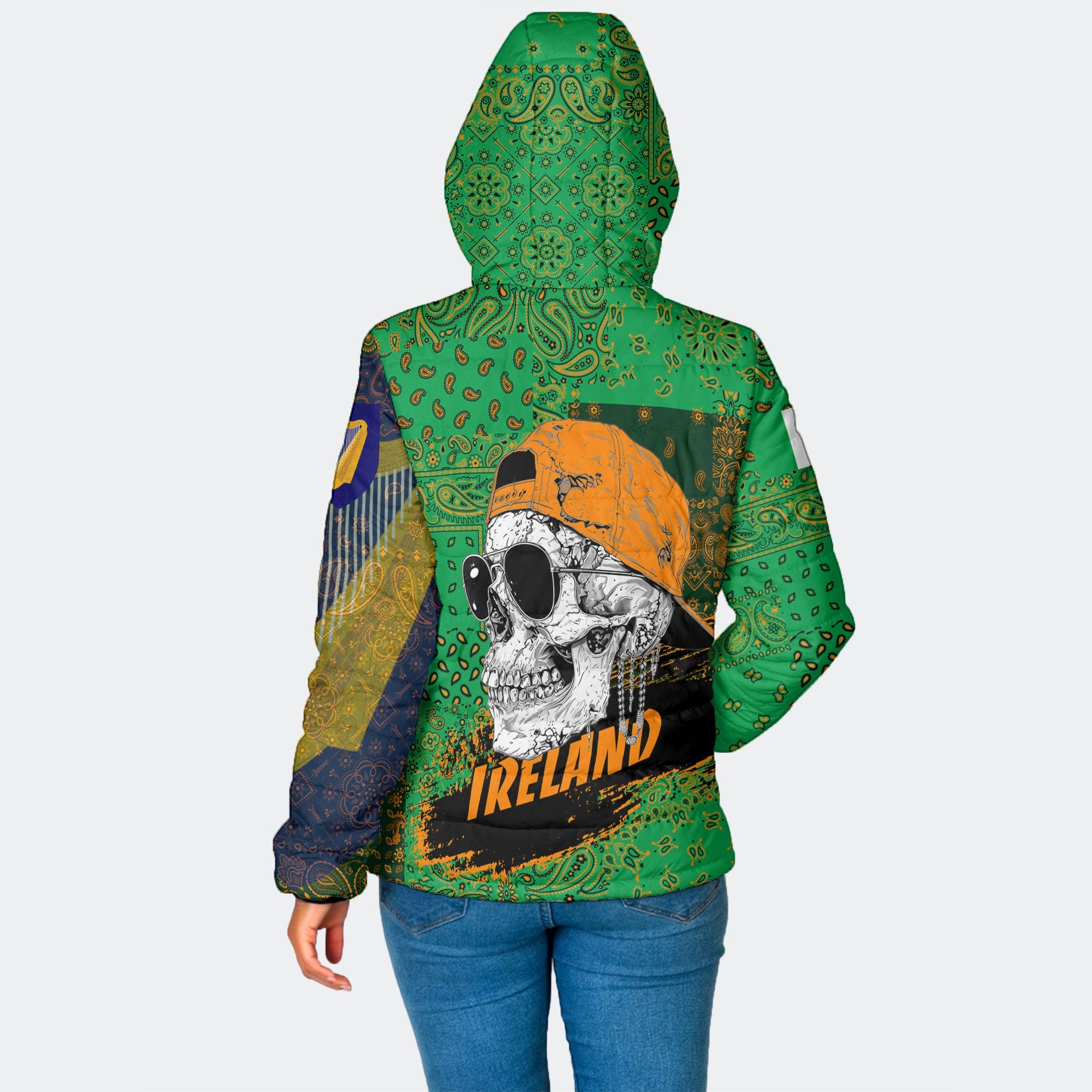 Ireland Women Hooded Padded Jacket Paisley Flag And Skull Style 2