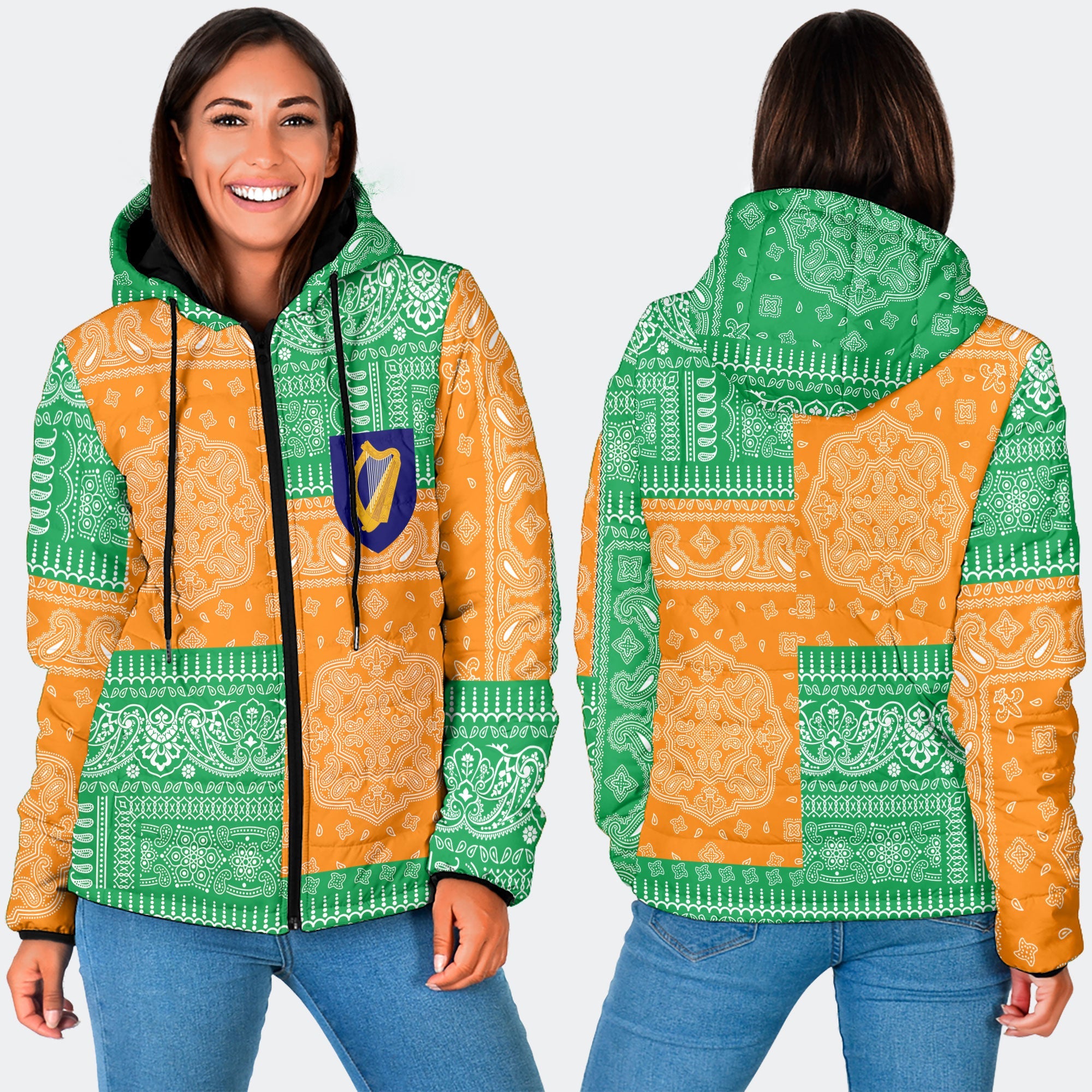 Ireland Women Hooded Padded Jacket Flag And Paisley Basic Style 3