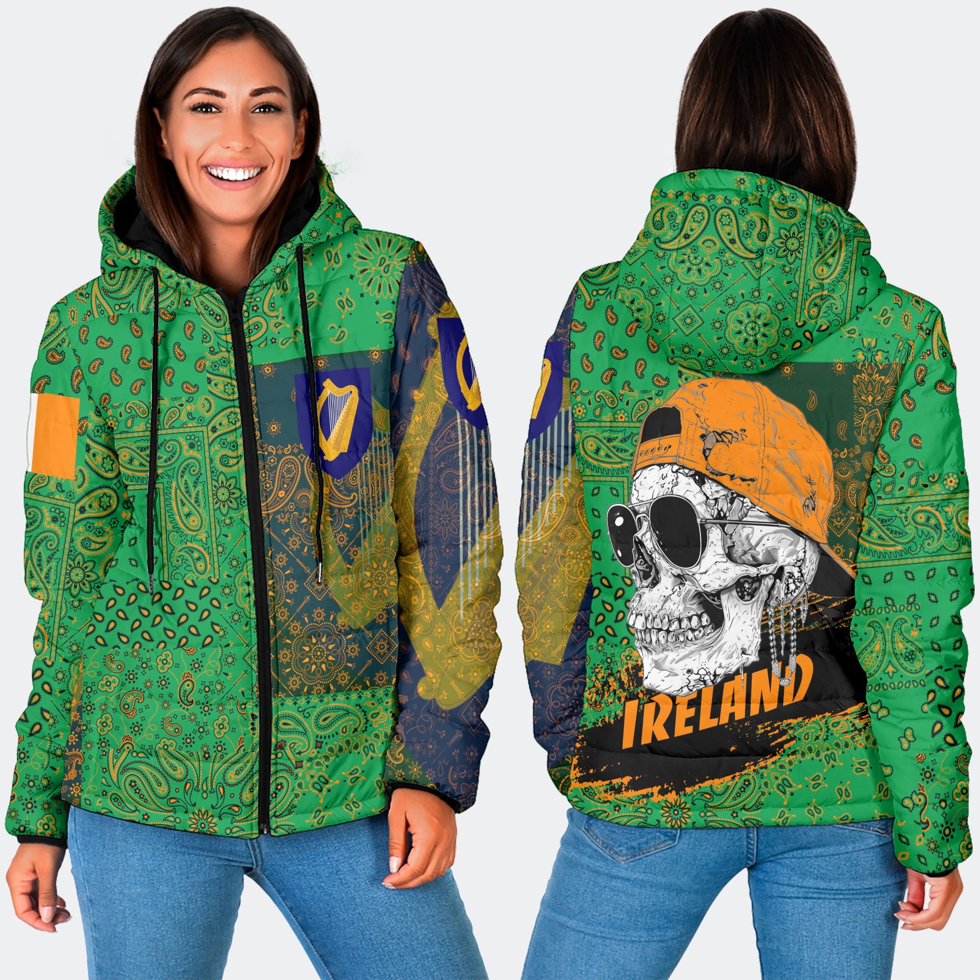 Ireland Women Hooded Padded Jacket Paisley Flag And Skull Style 3