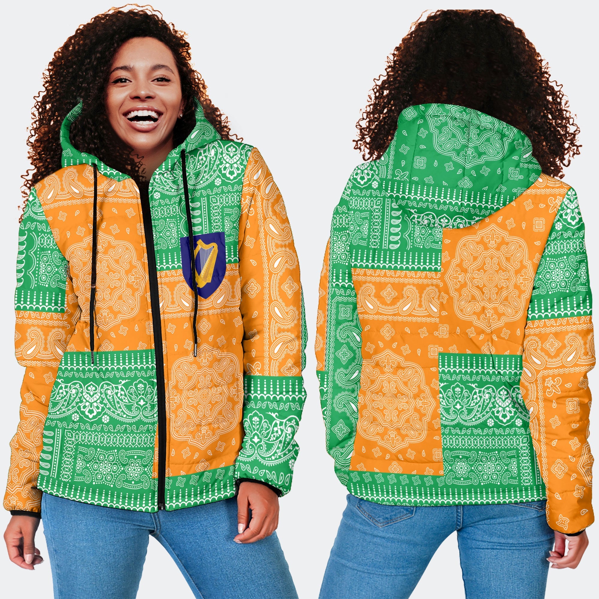 Ireland Women Hooded Padded Jacket Flag And Paisley Basic Style 4