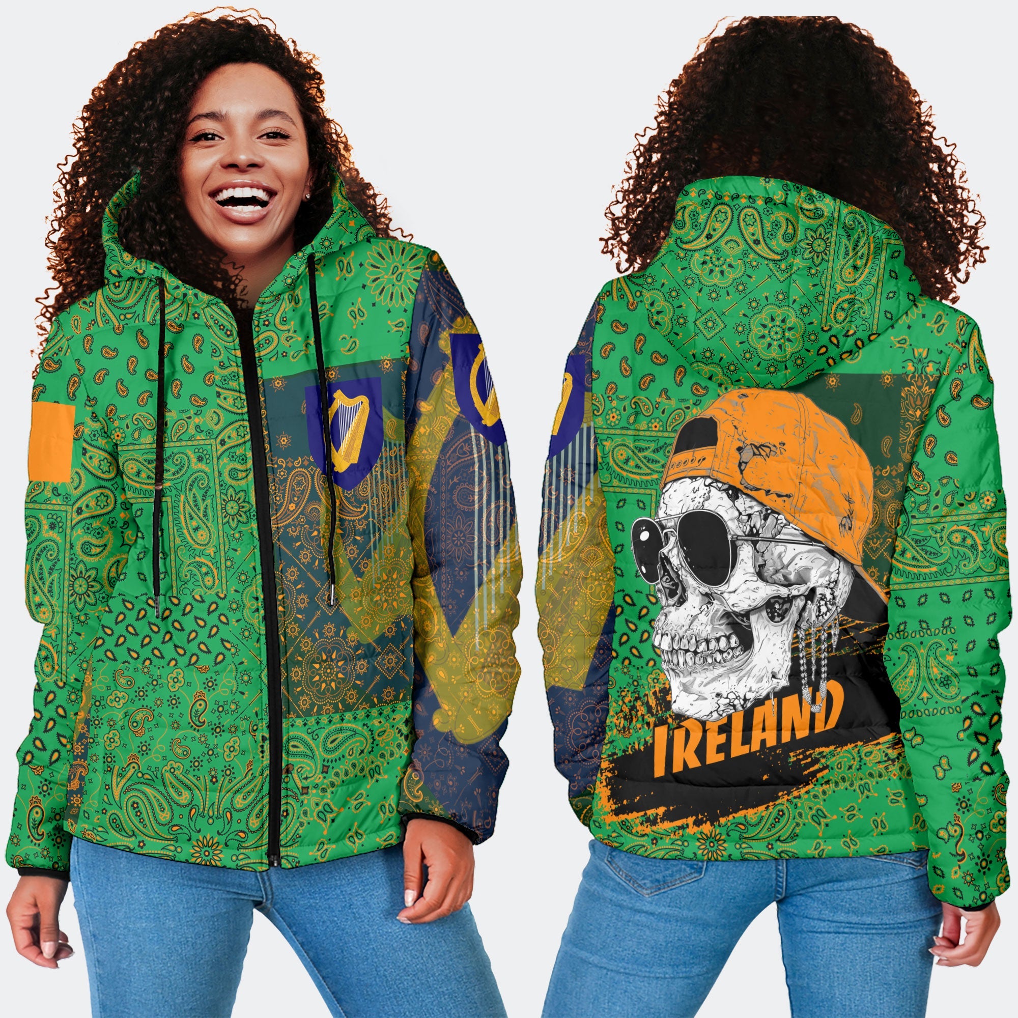 Ireland Women Hooded Padded Jacket Paisley Flag And Skull Style 4