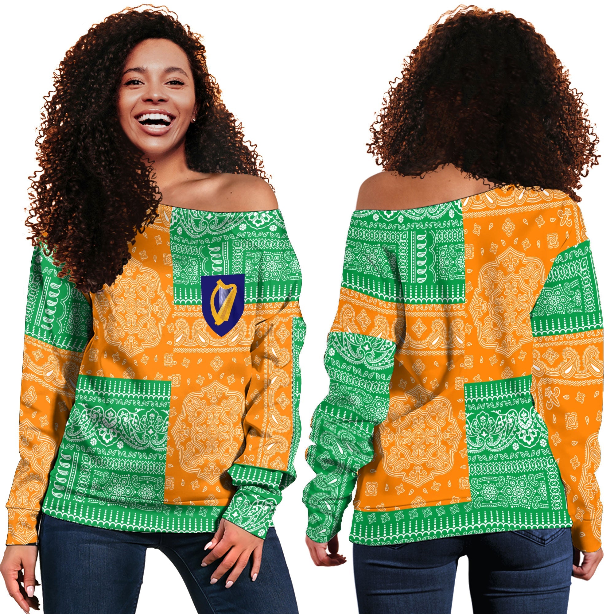 Ireland Women Off Shoulder Sweatshirt Flag And Paisley Basic Style 1