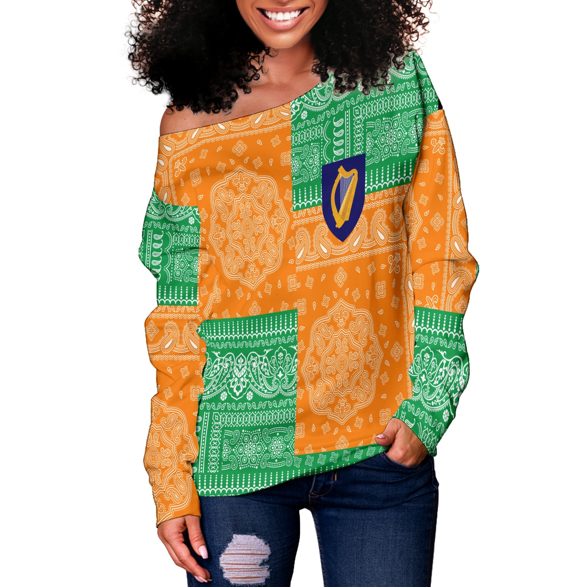 Ireland Women Off Shoulder Sweatshirt Flag And Paisley Basic Style 2