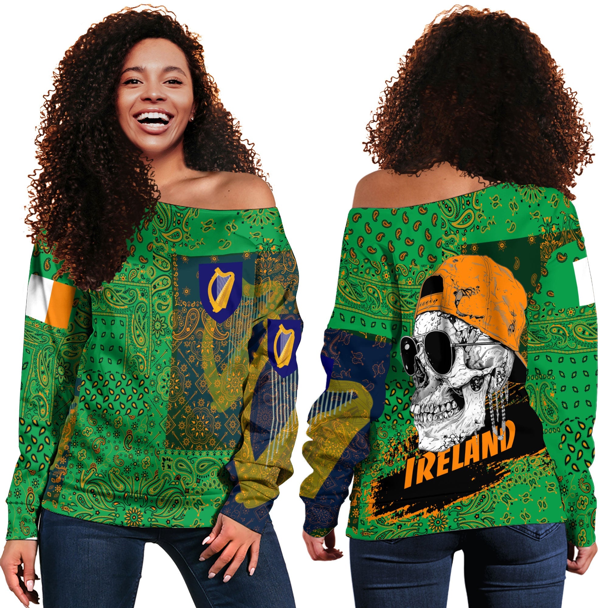 Ireland Women Off Shoulder Sweatshirt Paisley Flag And Skull Style 1