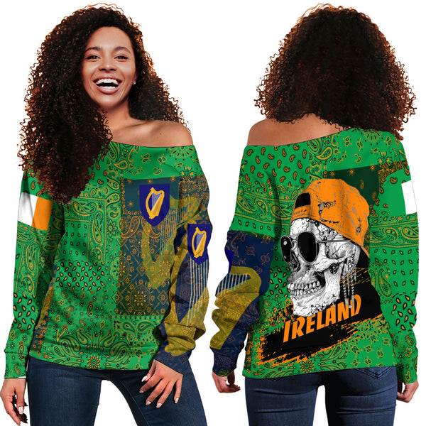 Ireland Women Off Shoulder Sweatshirt Paisley Flag And Skull Style 1