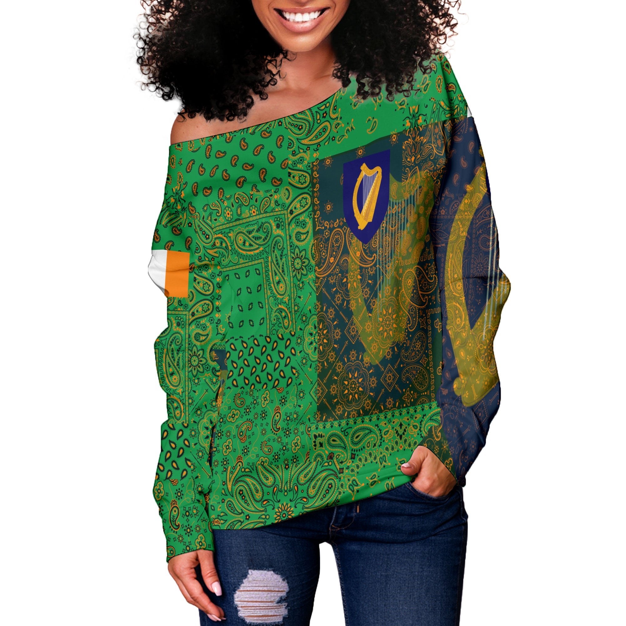 Ireland Women Off Shoulder Sweatshirt Paisley Flag And Skull Style 2