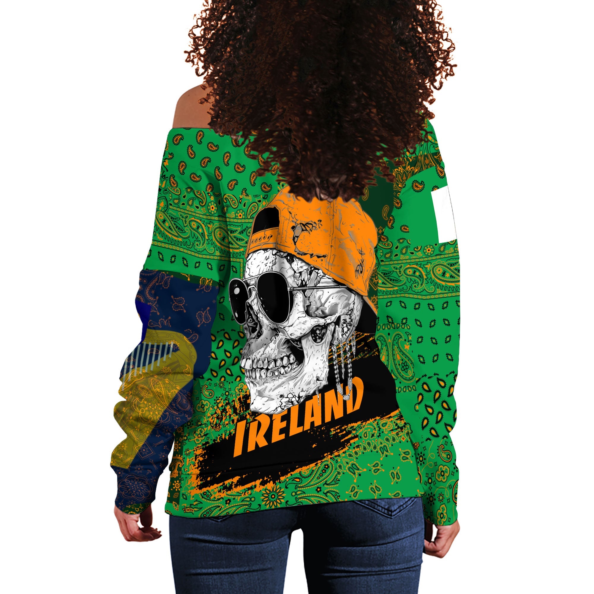 Ireland Women Off Shoulder Sweatshirt Paisley Flag And Skull Style 3