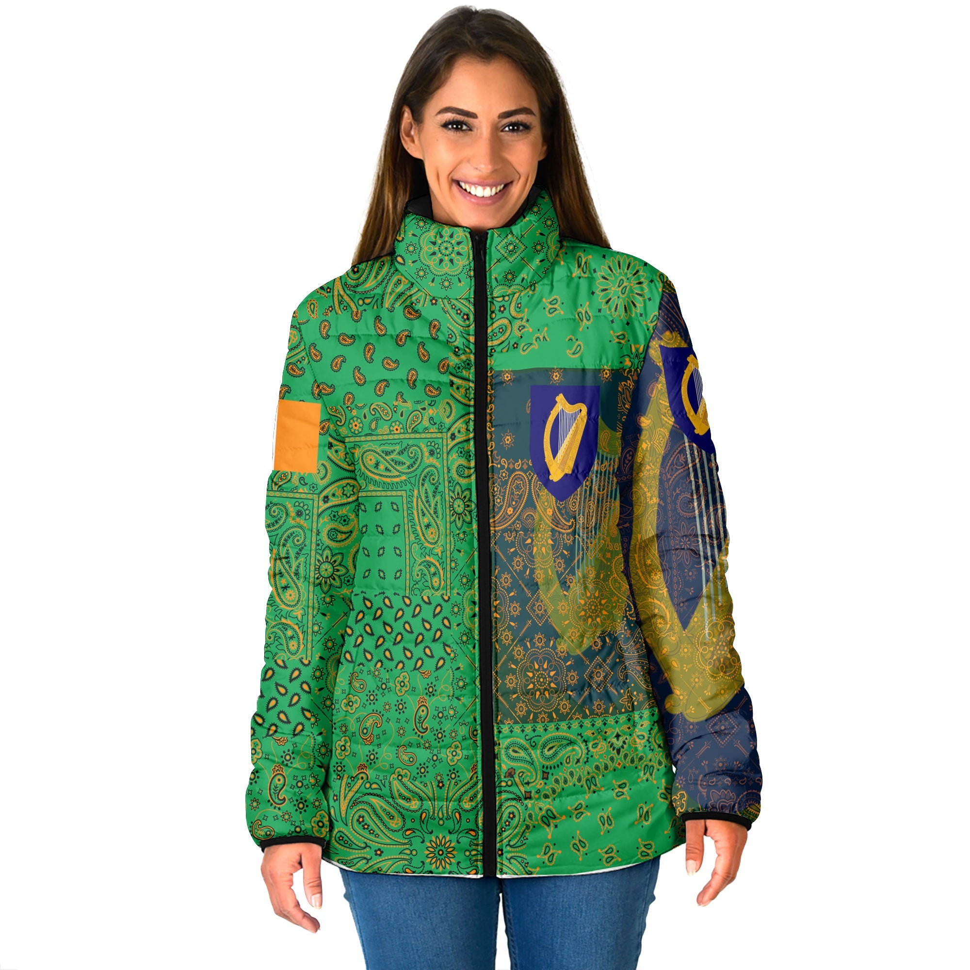 Ireland Women Padded Jacket Paisley Flag And Skull Style 1