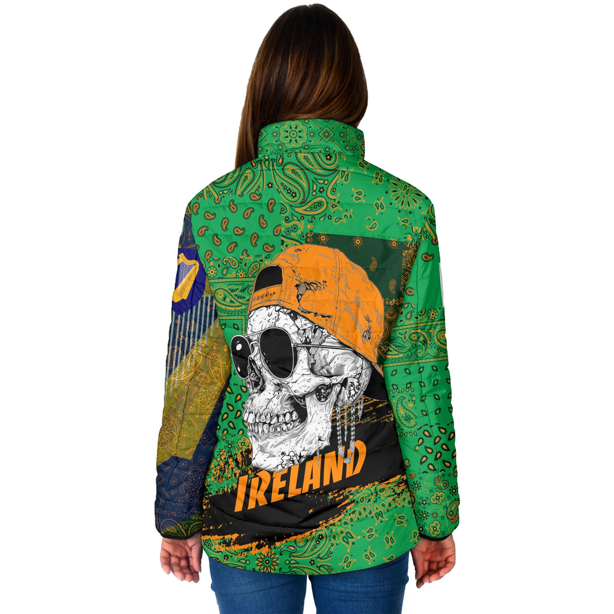 Ireland Women Padded Jacket Paisley Flag And Skull Style 2