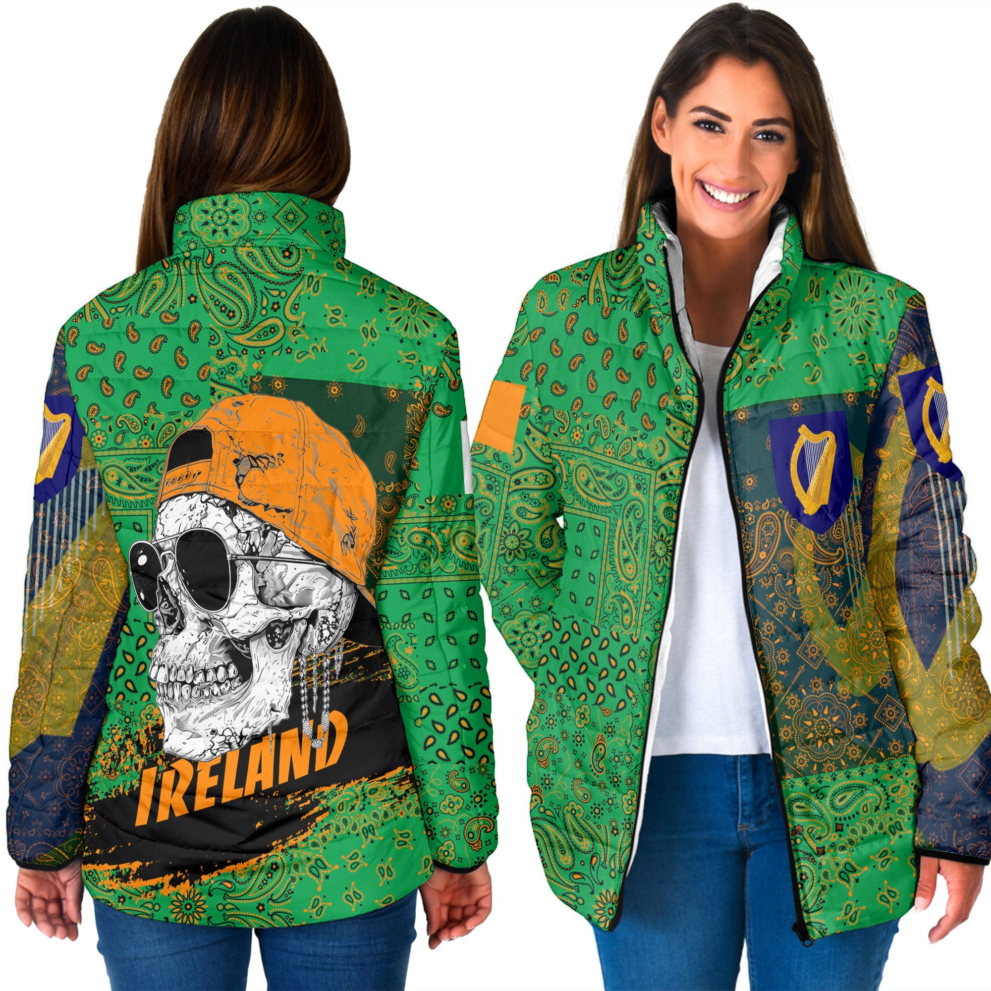 Ireland Women Padded Jacket Paisley Flag And Skull Style 3