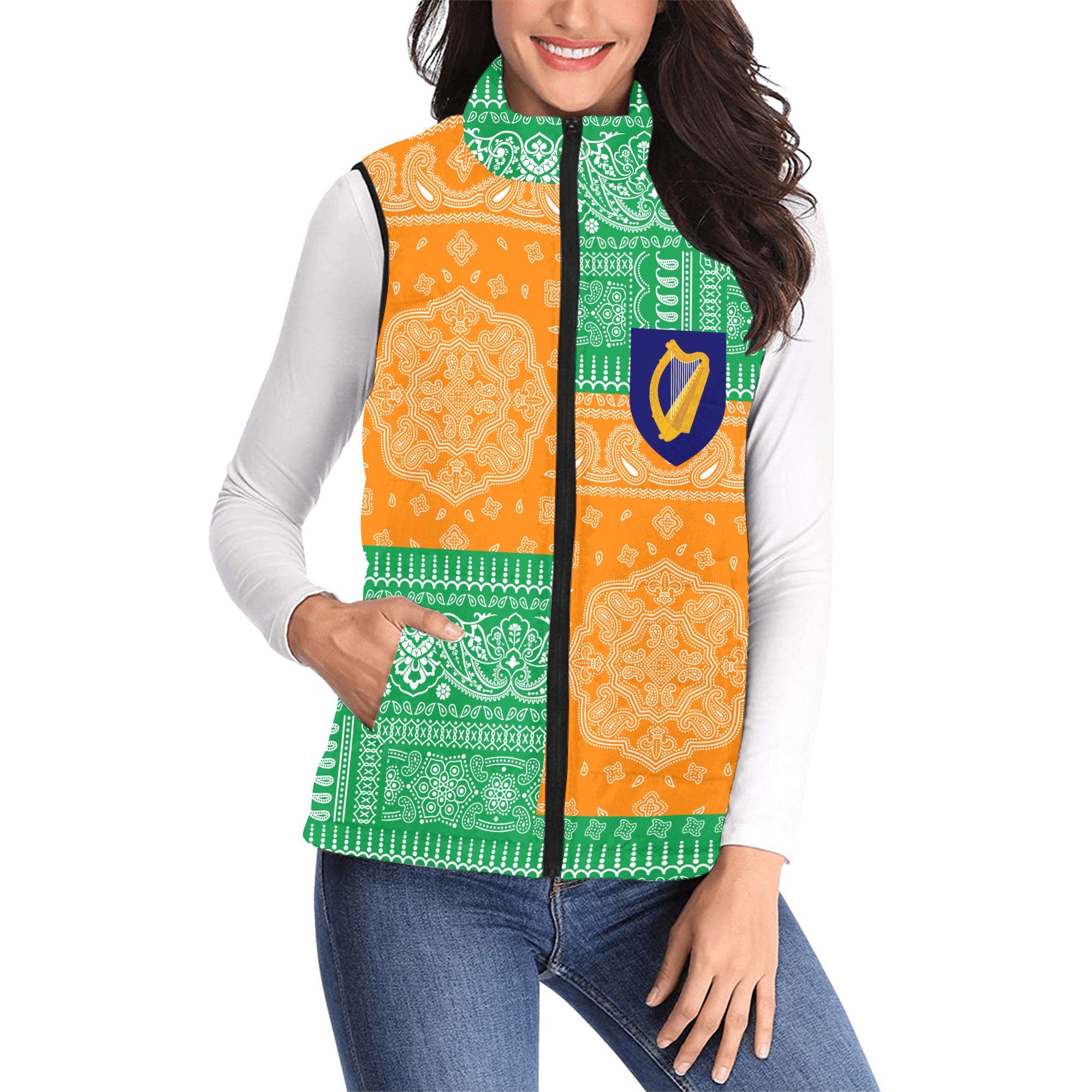 Ireland Women Padded Jacket Vest Flag And Paisley Basic Style 1