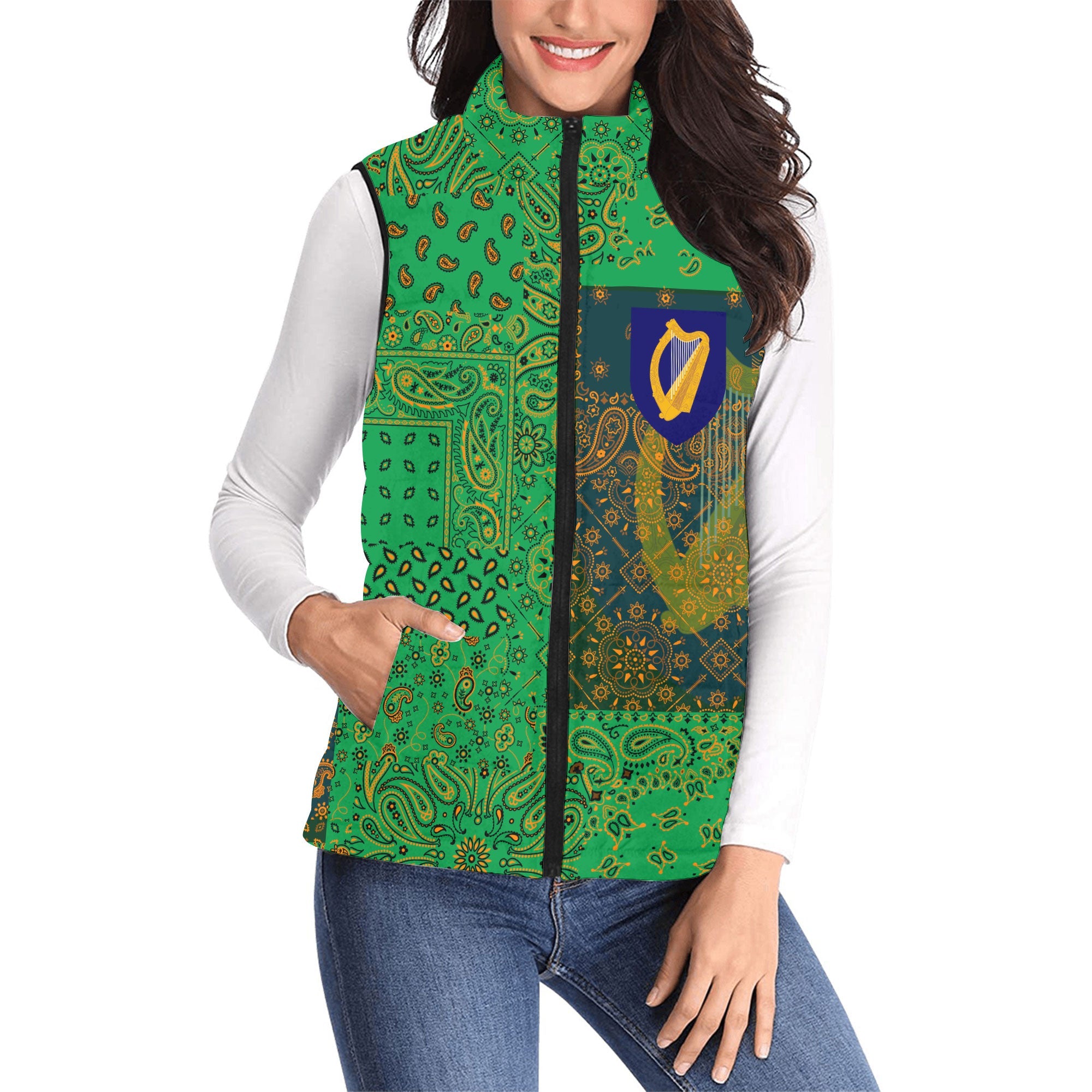 Ireland Women Padded Jacket Vest Paisley Flag And Skull Style 1