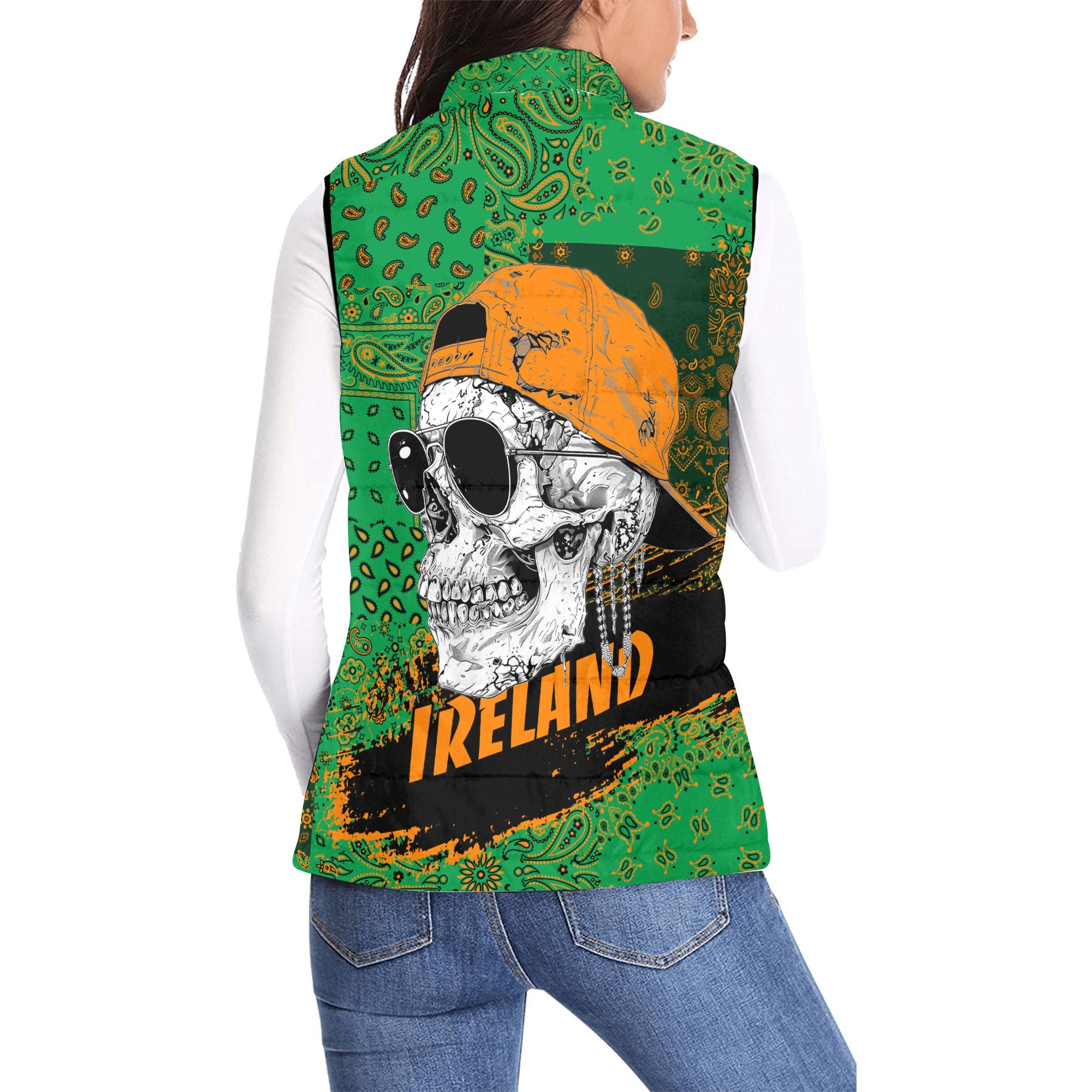 Ireland Women Padded Jacket Vest Paisley Flag And Skull Style 2