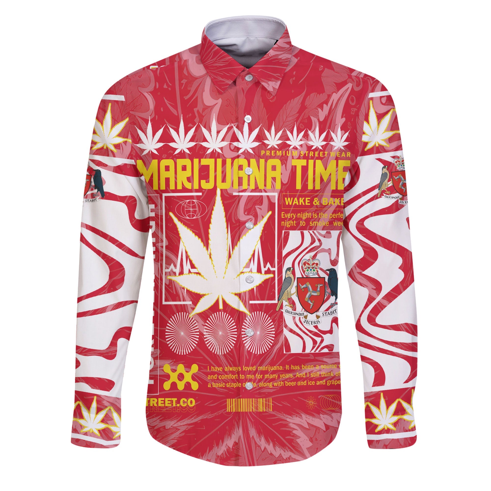 Isle of Man Long Sleeve Button Shirt Flag & Coat Of Arms Marijuanas Style