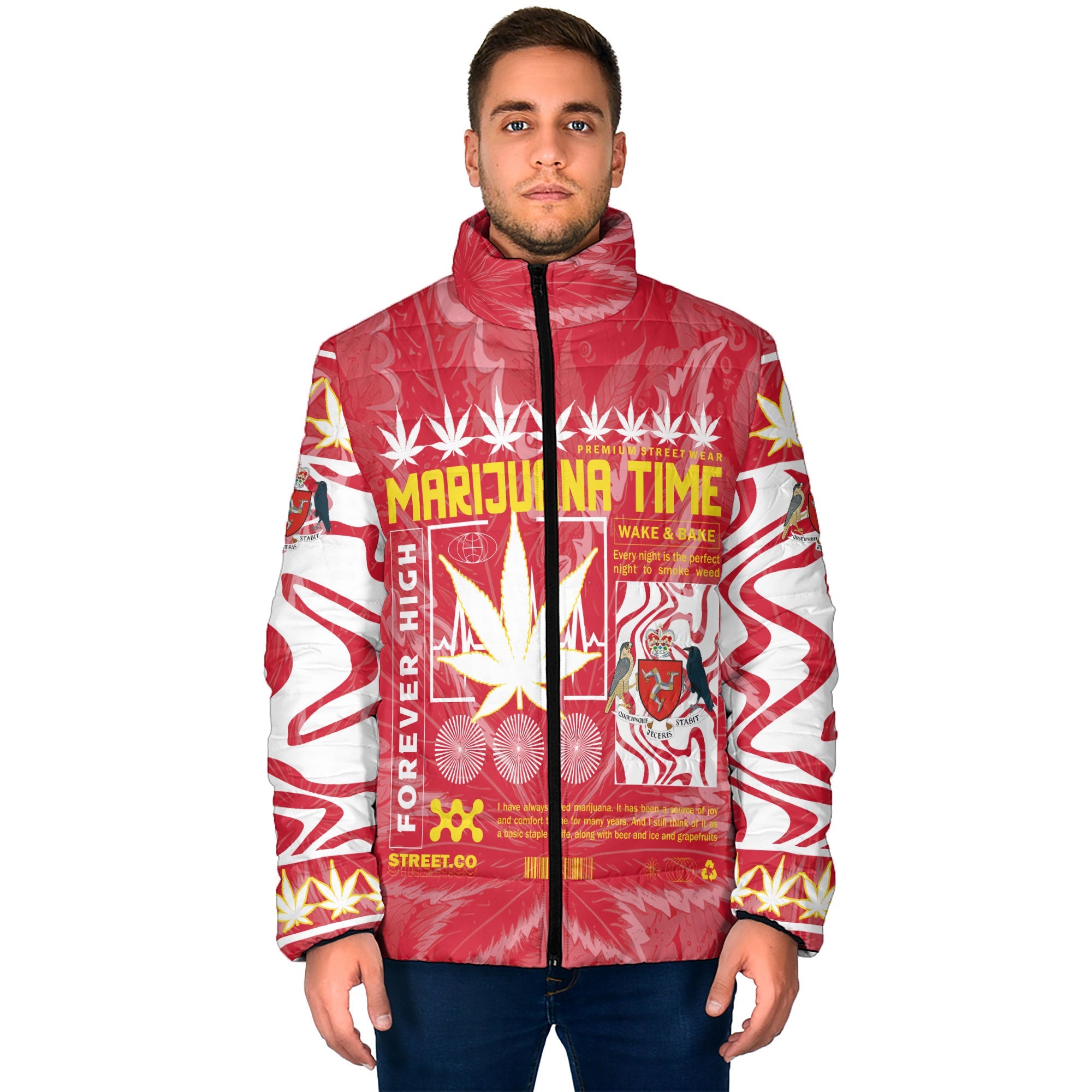 Isle of Man Men Padded Jacket Flag & Coat Of Arms Marijuanas Style