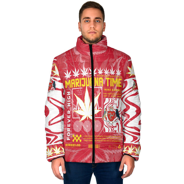 Isle of Man Men Padded Jacket Flag & Coat Of Arms Marijuanas Style