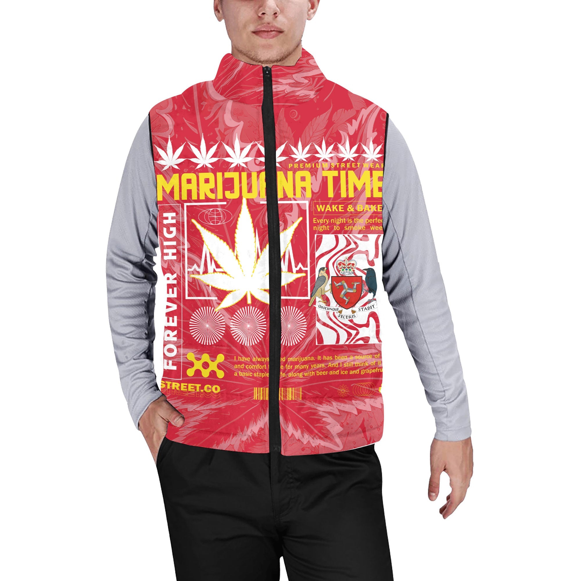 Isle of Man Men Padded Jacket Vest Flag & Coat Of Arms Marijuanas Style