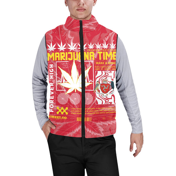 Isle of Man Men Padded Jacket Vest Flag & Coat Of Arms Marijuanas Style