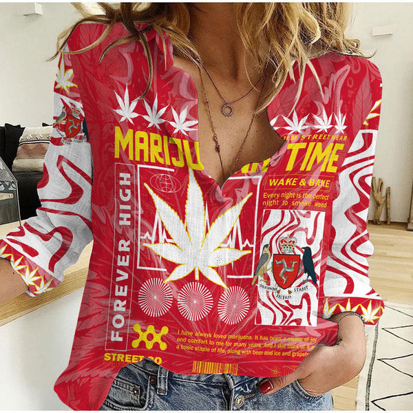 Isle of Man Women Casual Shirt Flag & Coat Of Arms Marijuanas Style