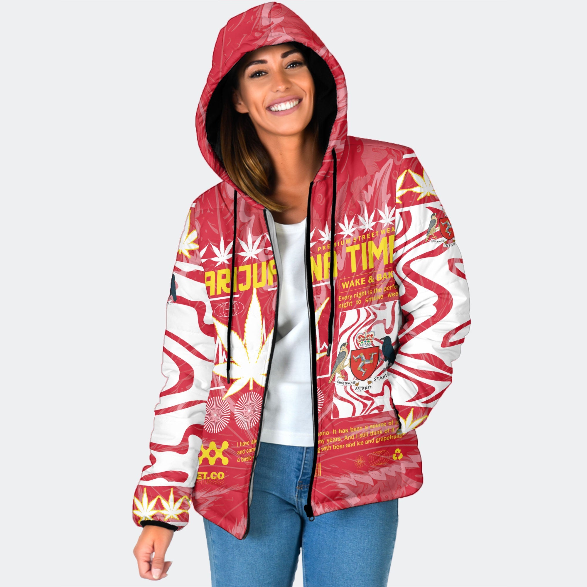 Isle of Man Women Hooded Padded Jacket Flag & Coat Of Arms Marijuanas Style