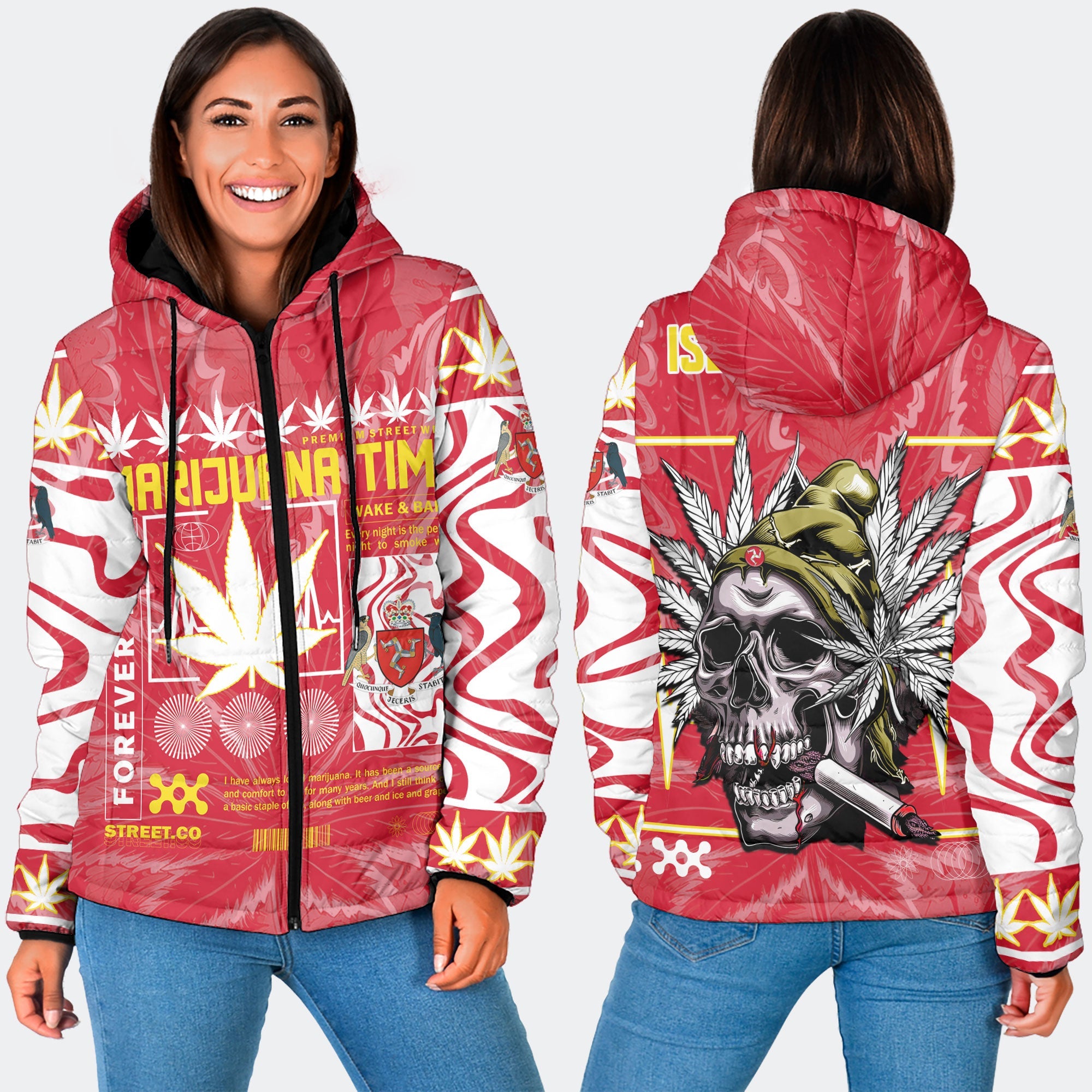 Isle of Man Women Hooded Padded Jacket Flag & Coat Of Arms Marijuanas Style